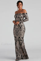 Paityn Formal Off Charming Shoulder Sequin Dress S / Black