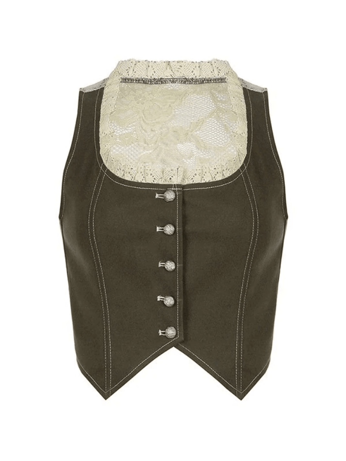 Paneled Lace Button Front Corset Top Shirts