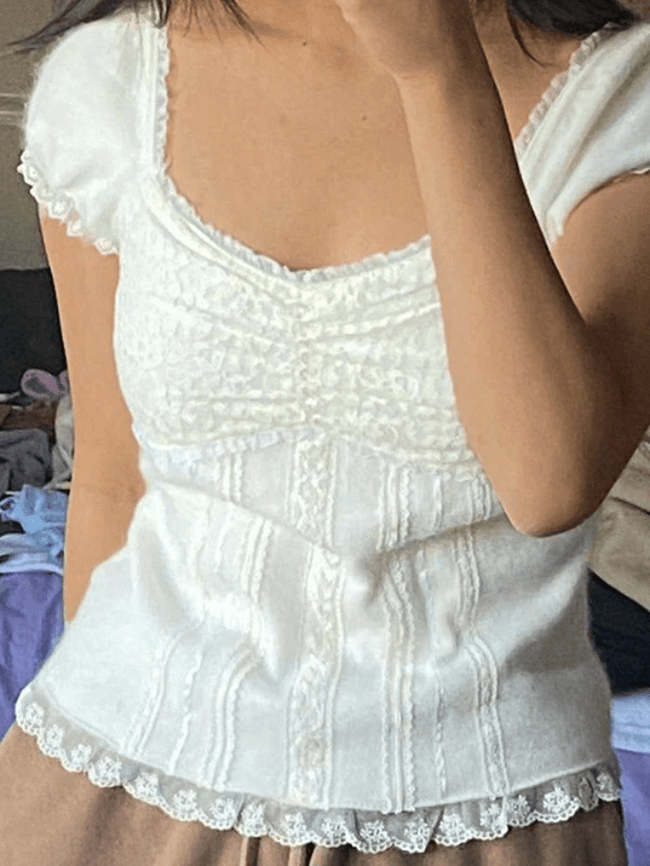 Paneled Lace White Puff Sleeve Blouse White / S Shirts Main image