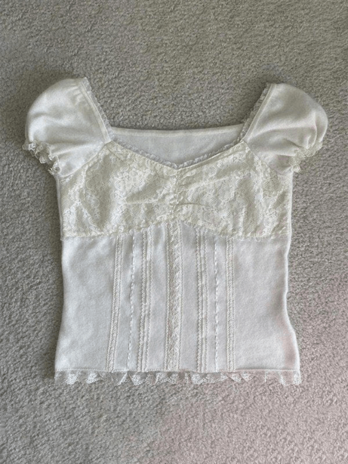 Paneled Lace White Puff Sleeve Blouse Shirts