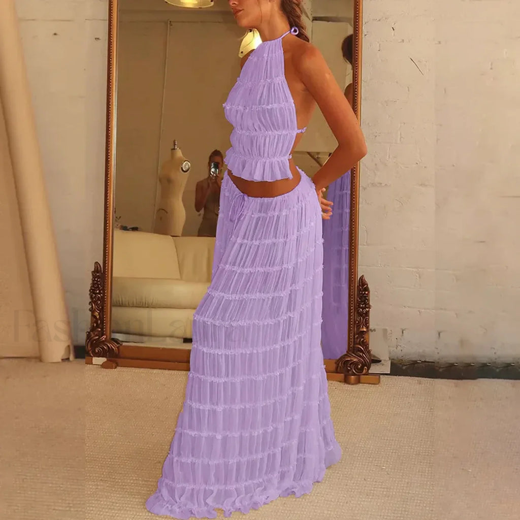 Party Beach Halter Skirt Two Piece Set Purple / S