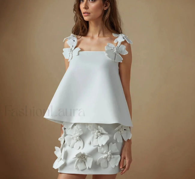 Patchwork Appliques Skirt Two Piece Set WHITE / S Main image