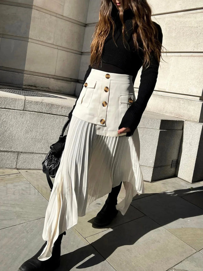 Patchwork Asymmetrical Pleated Buttoned Midi Skirt Off White / XS Skirts Main image