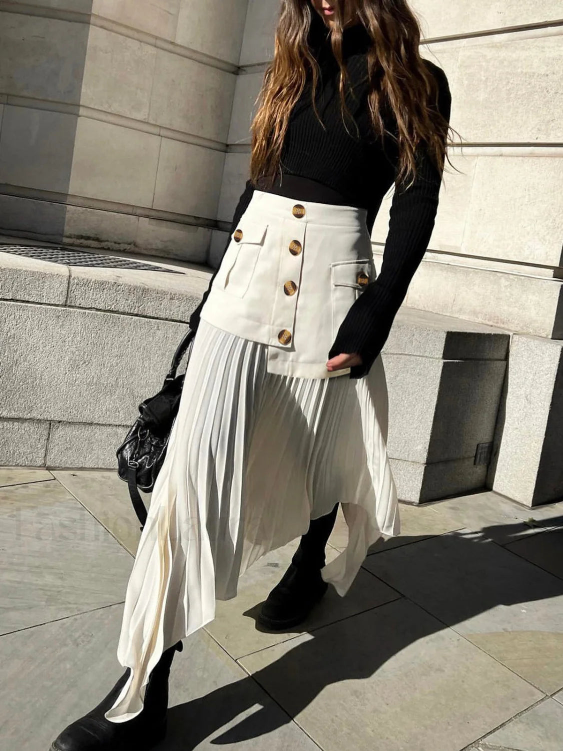 Patchwork Asymmetrical Pleated Buttoned Midi Skirt Off White / XS Skirts