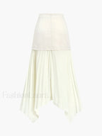Patchwork Asymmetrical Pleated Buttoned Midi Skirt Skirts