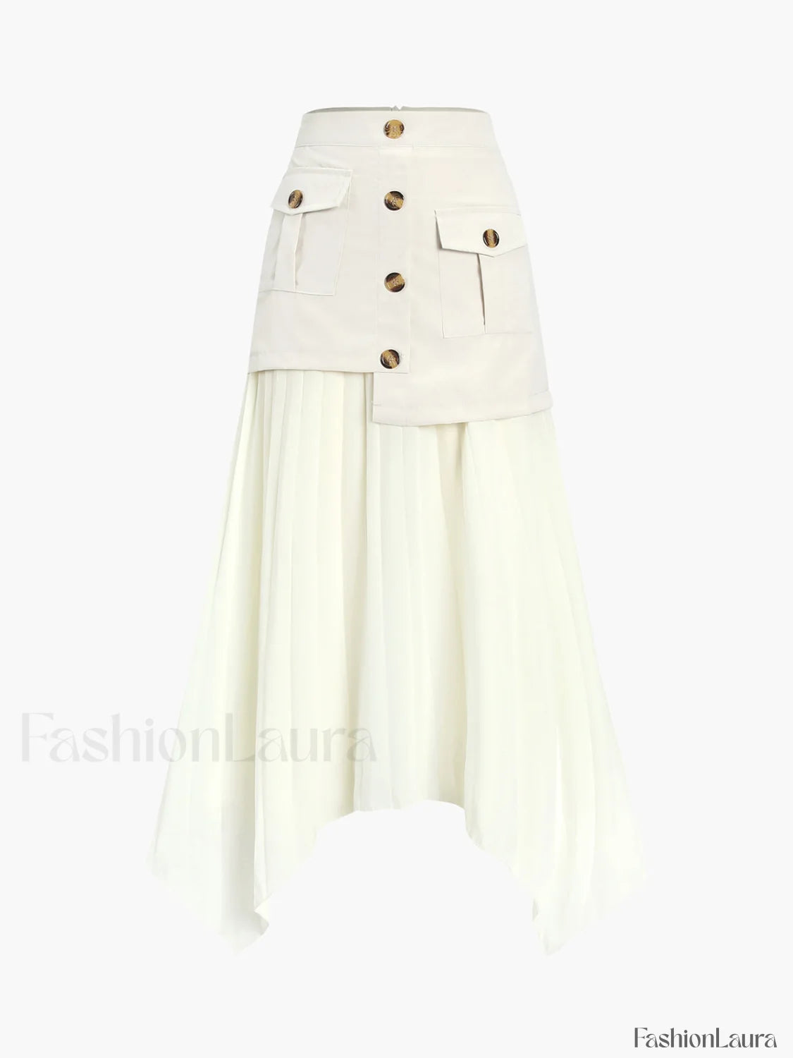 Patchwork Asymmetrical Pleated Buttoned Midi Skirt Skirts