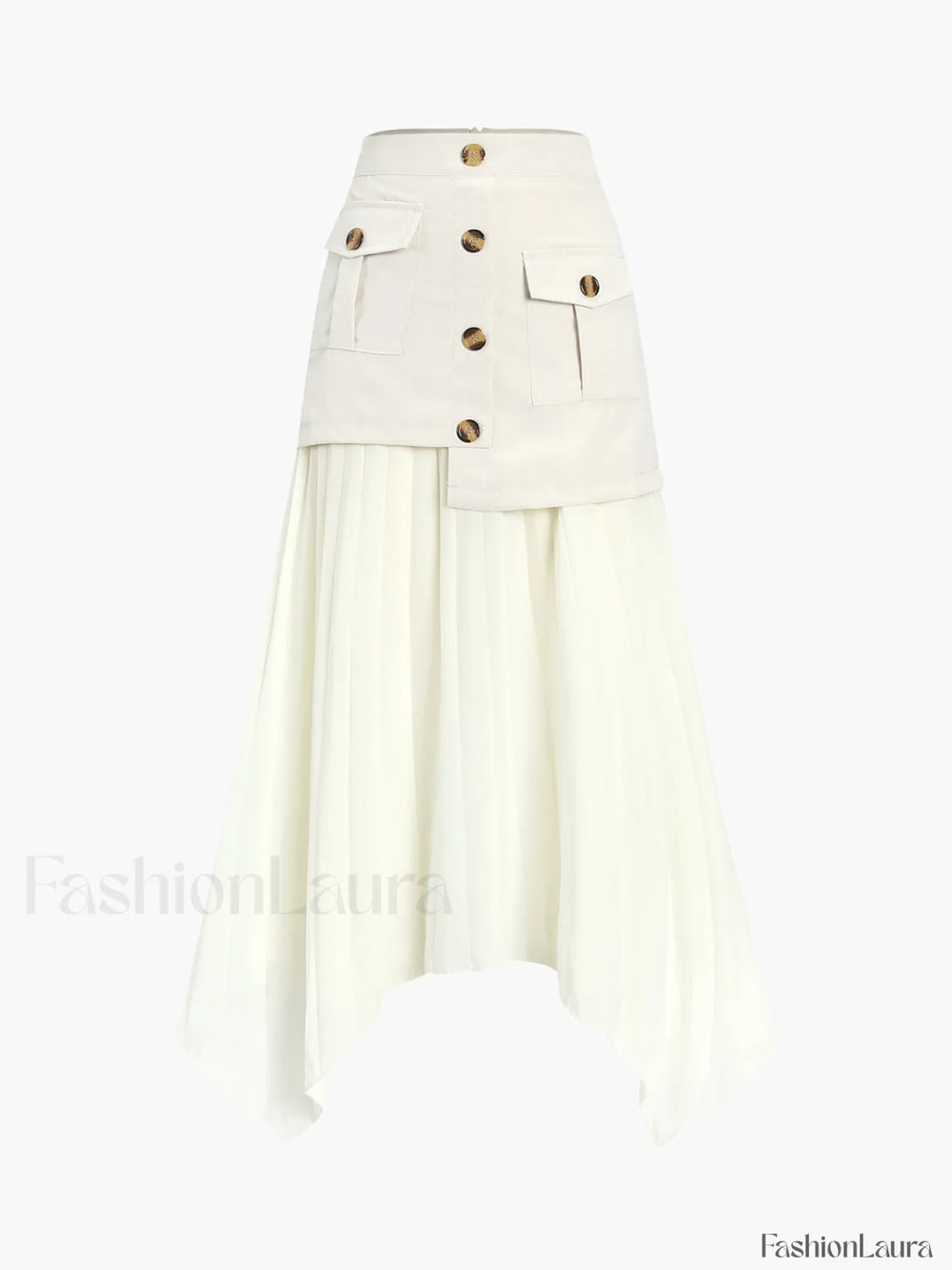 Patchwork Asymmetrical Pleated Buttoned Midi Skirt Skirts