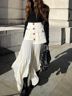 Patchwork Asymmetrical Pleated Buttoned Midi Skirt Skirts