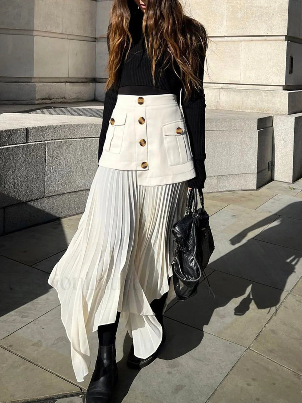 Patchwork Asymmetrical Pleated Buttoned Midi Skirt Skirts
