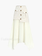Patchwork Asymmetrical Pleated Buttoned Midi Skirt Skirts
