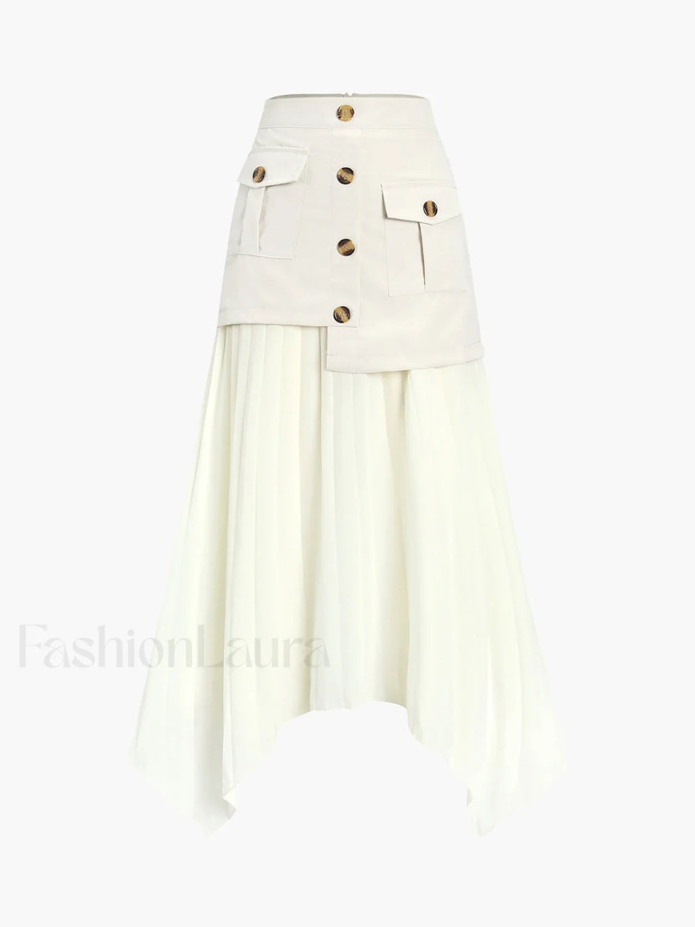 Patchwork Asymmetrical Pleated Buttoned Midi Skirt Skirts