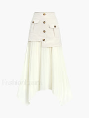 Patchwork Asymmetrical Pleated Buttoned Midi Skirt Skirts