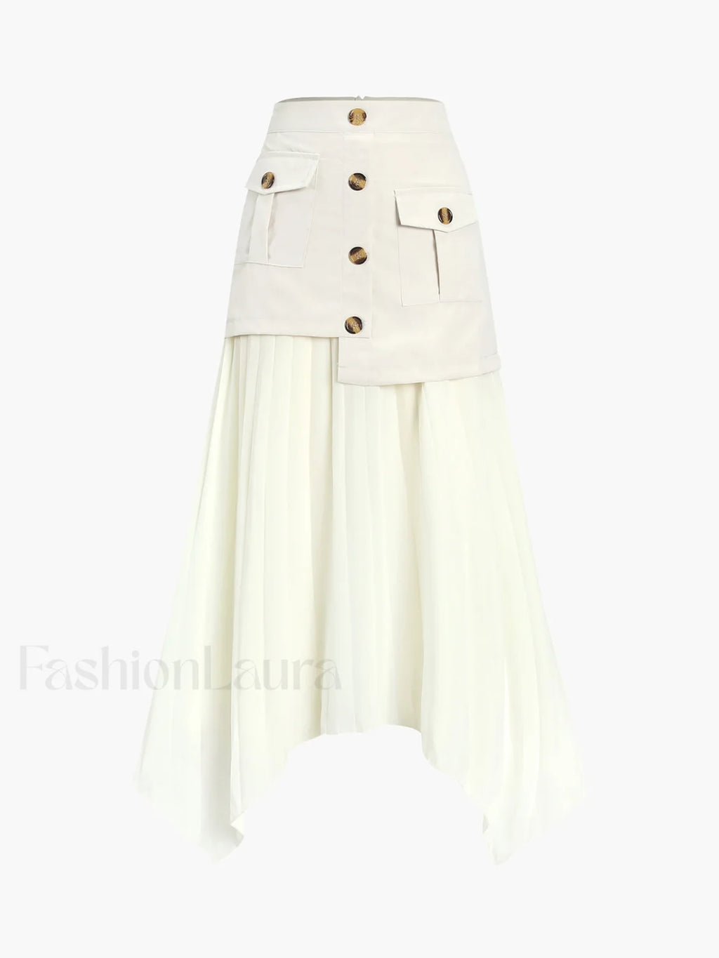Patchwork Asymmetrical Pleated Buttoned Midi Skirt Skirts