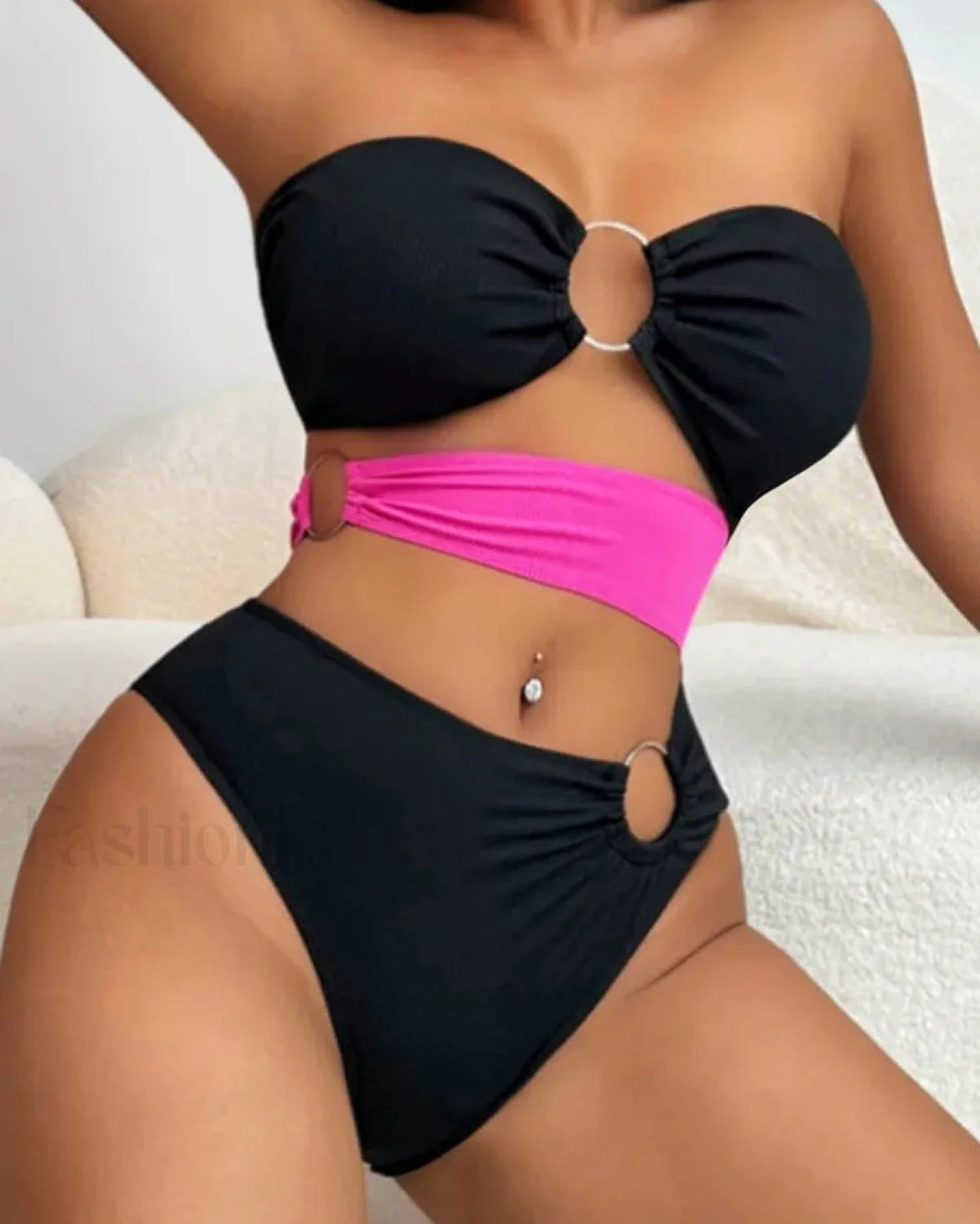 Patchwork Bandeau Hollow Bikini Set Main image