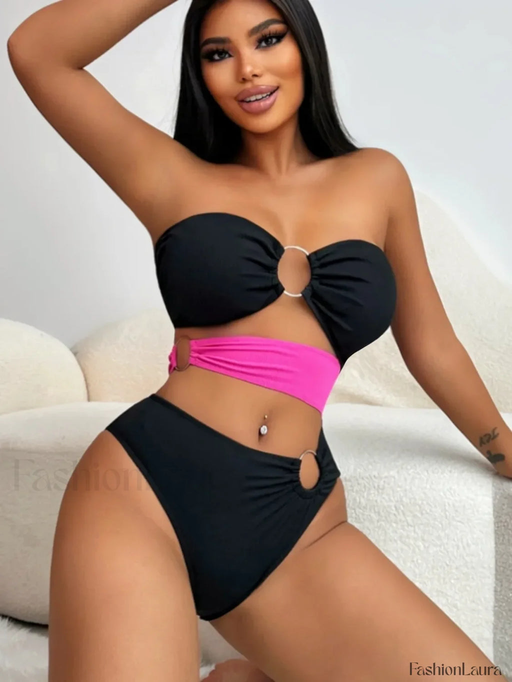 Patchwork Bandeau Hollow Bikini Set Black / S
