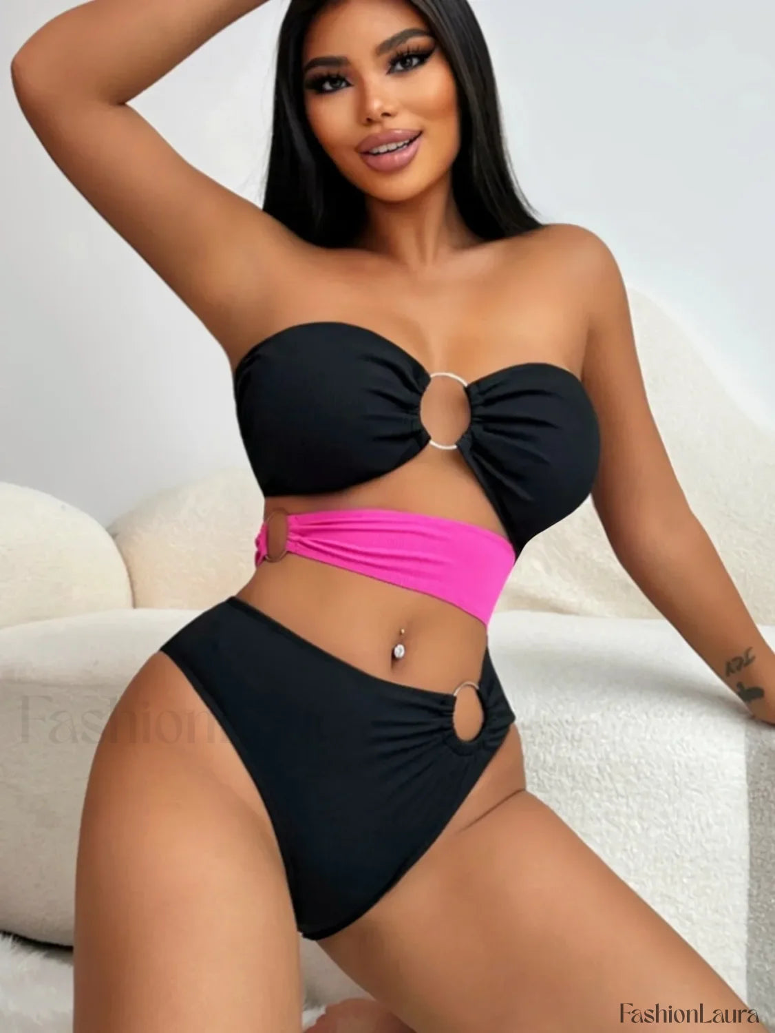 Patchwork Bandeau Hollow Bikini Set Black / S