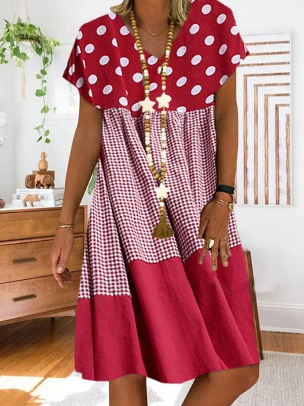 Patchwork Checkered Print Midi Dress Red / S Midi Dresses