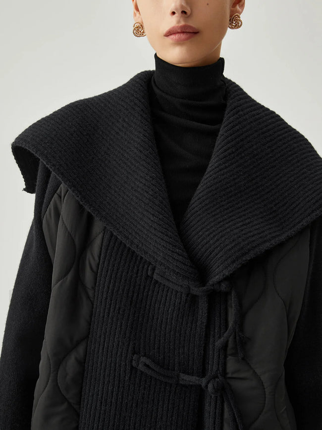 Patchwork Collared Graceful Geometric Winter Coat Black / S Winter Coats Main image