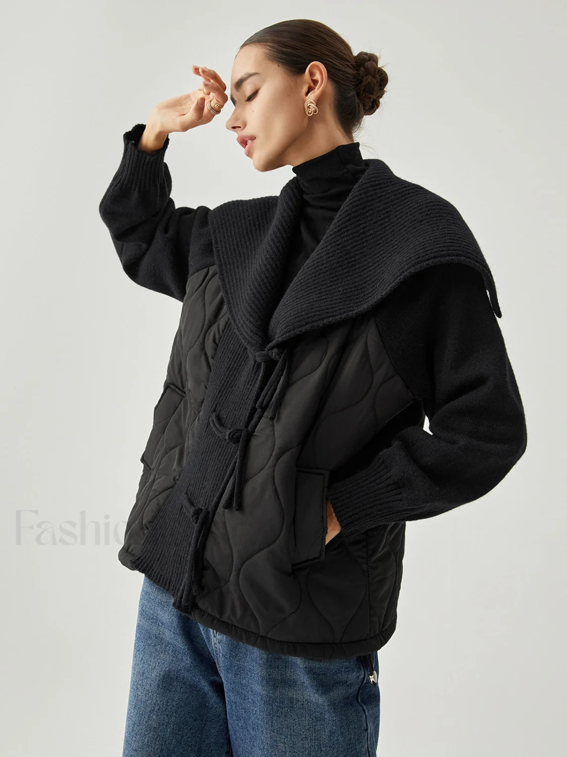 Patchwork Collared Graceful Geometric Winter Coat Secondary image