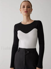 Patchwork Contrast Graceful Crew Neck Sweater Black / XS Sweaters L