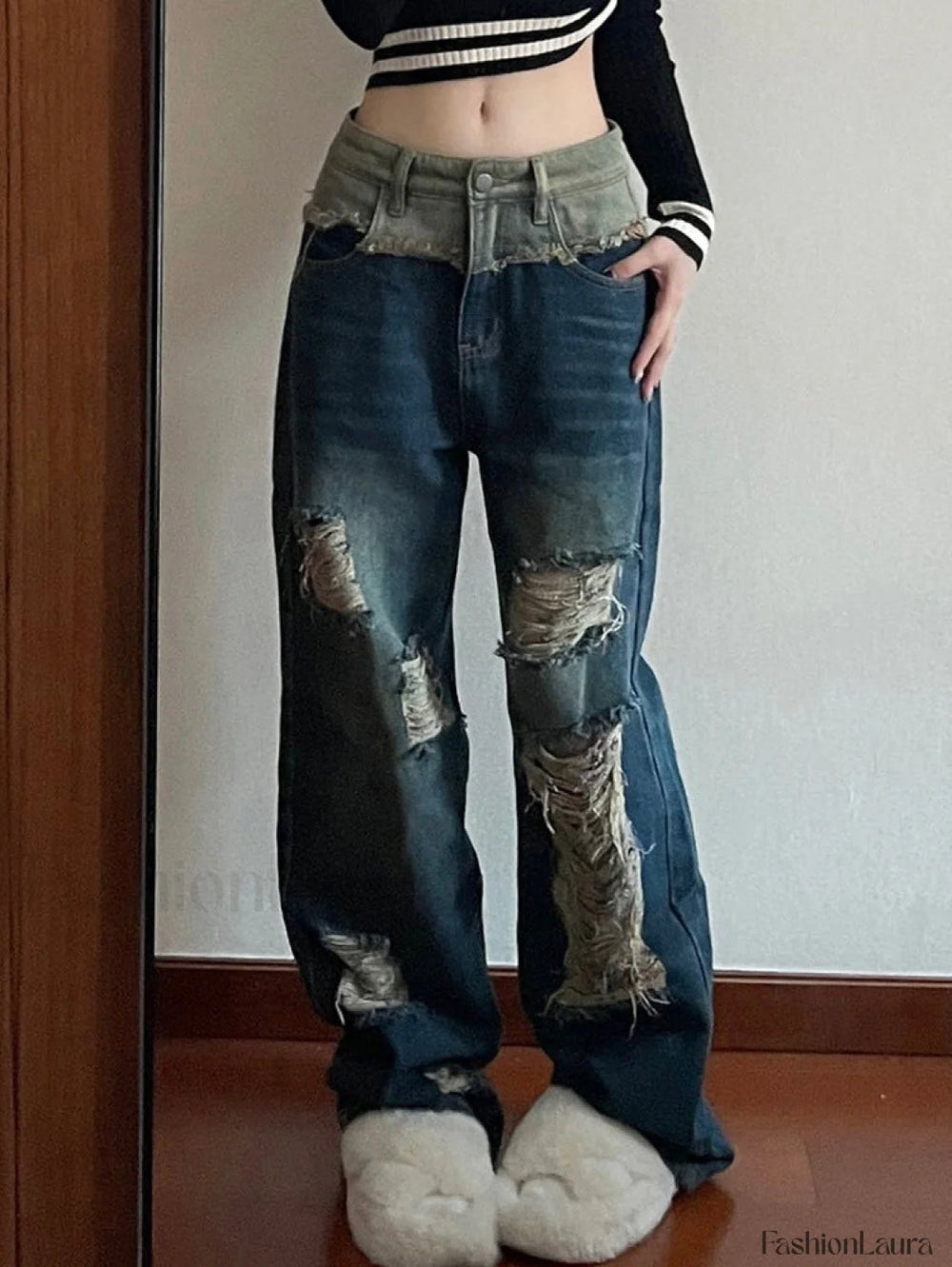 Patchwork Distressed Straight Trendy Leg Ripped Jeans women clothing