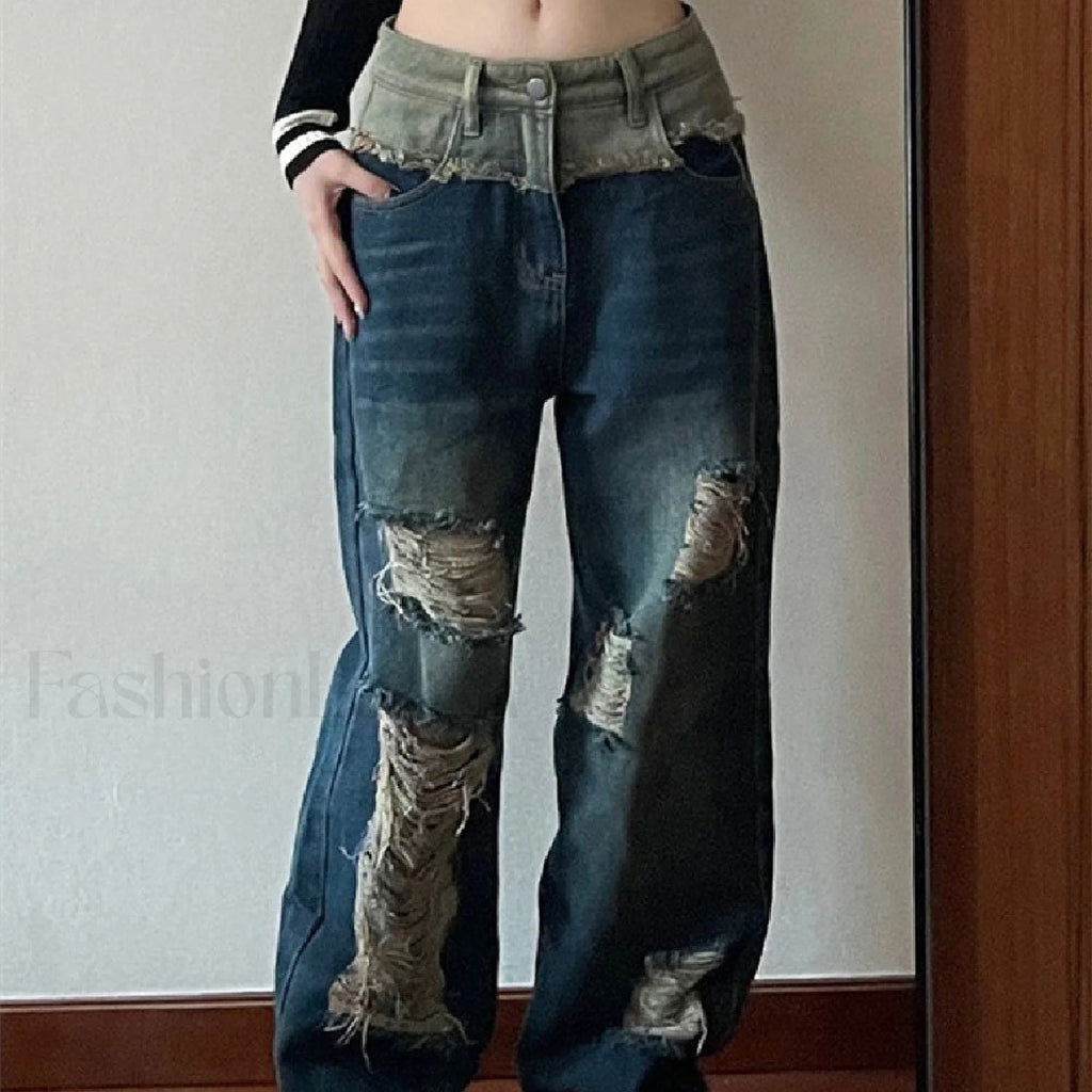 Patchwork Distressed Straight Trendy Leg Ripped Jeans Blue / L women clothing