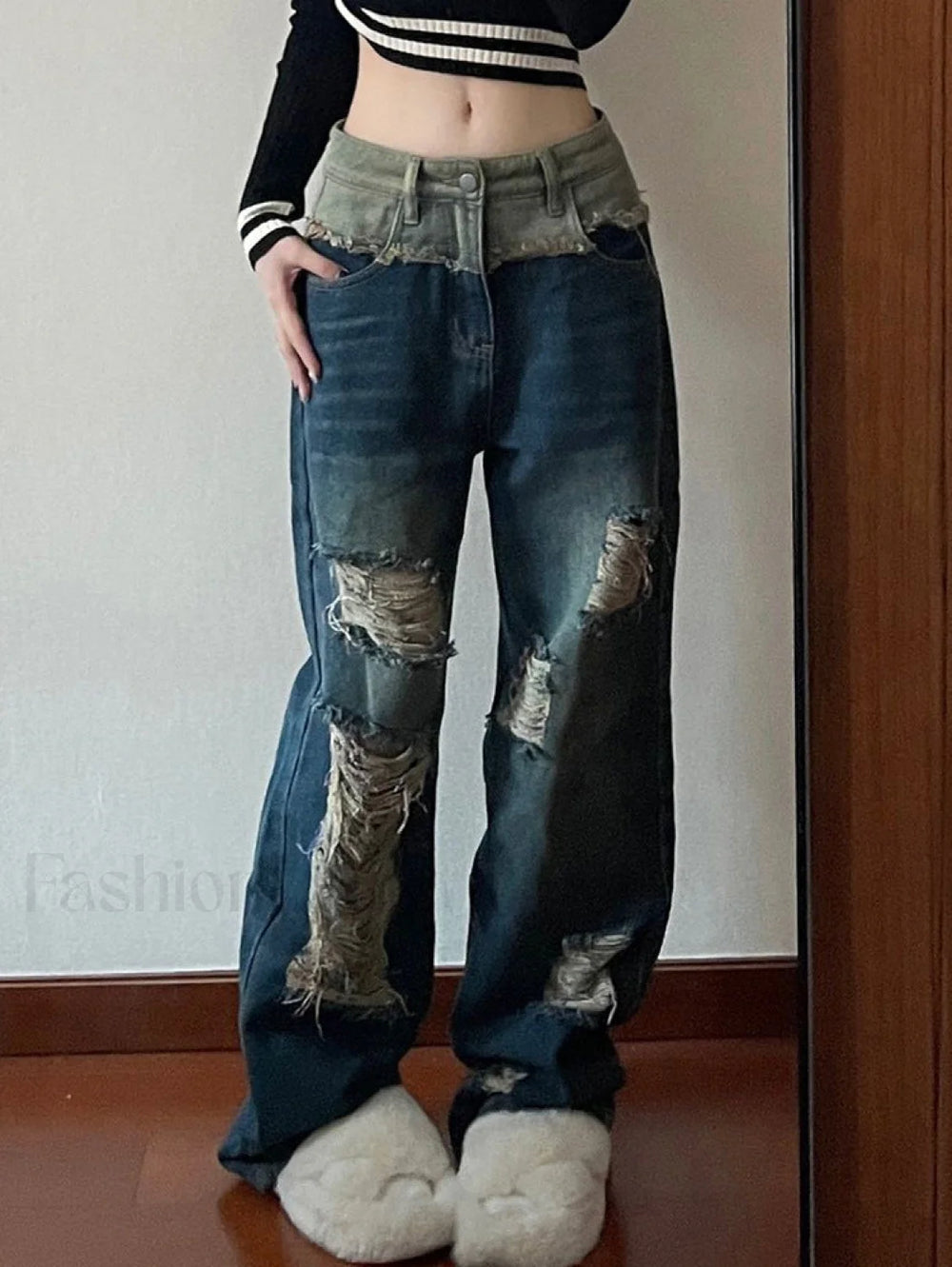 Patchwork Distressed Straight Trendy Leg Ripped Jeans women clothing