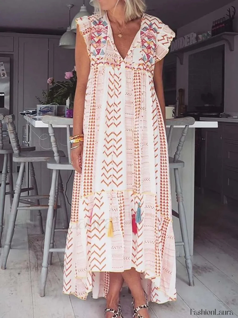 Patchwork Flying Sleeve Boho Dress pink / S