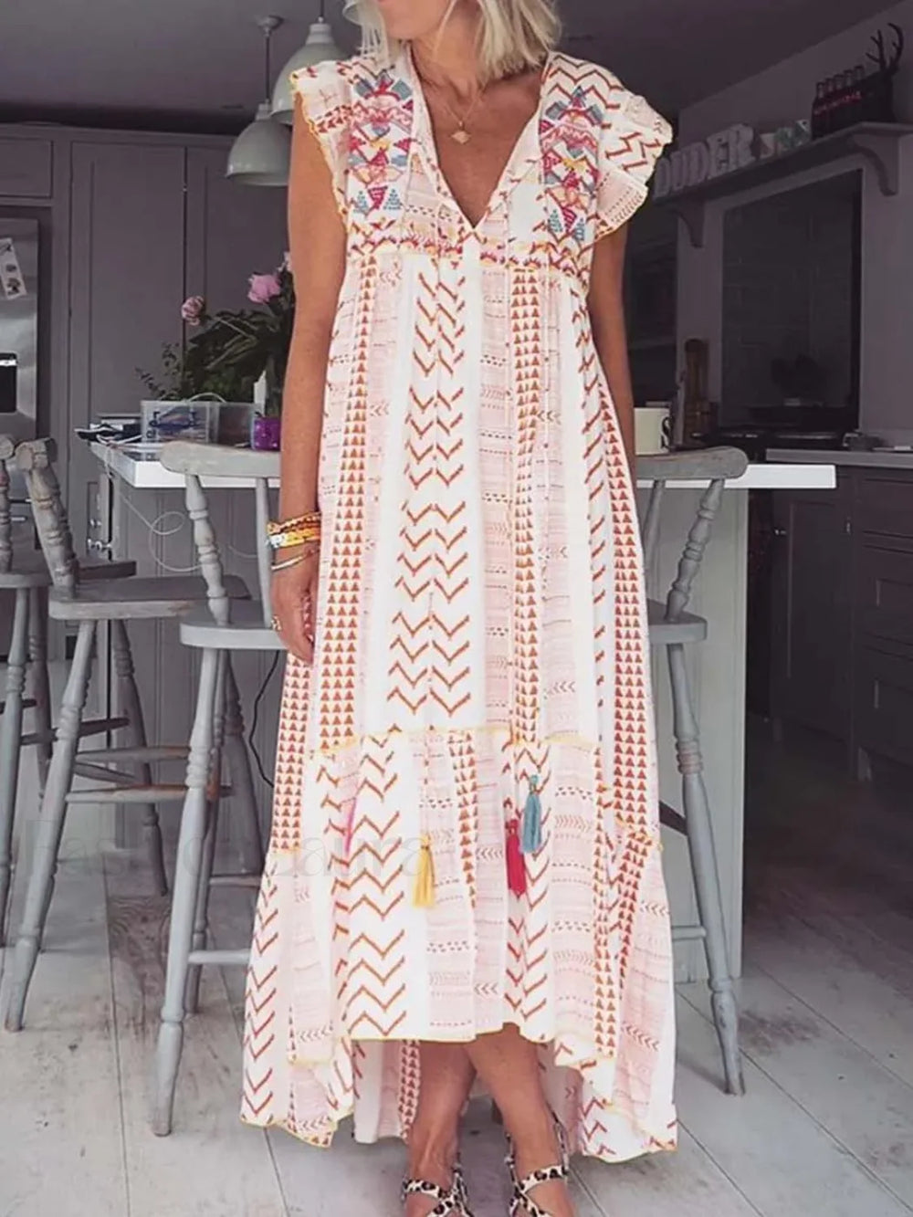 Patchwork Flying Sleeve Boho Dress pink / S