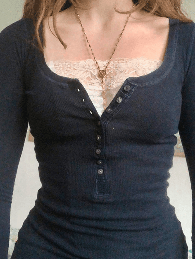 Patchwork Lace Buttoned Long Sleeve Tee Black / S Tops&Tees Main image