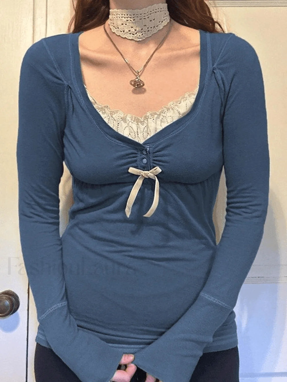 Patchwork Lace Buttoned Long Sleeve Top Navy Blue / S Tops&Tees