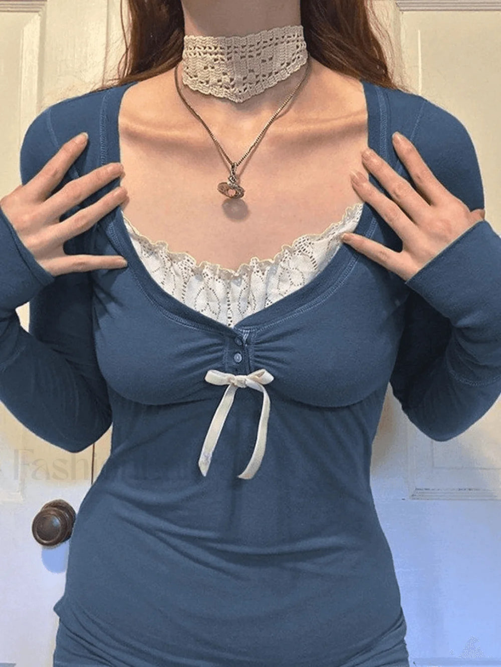 Patchwork Lace Buttoned Long Sleeve Top Tops&Tees