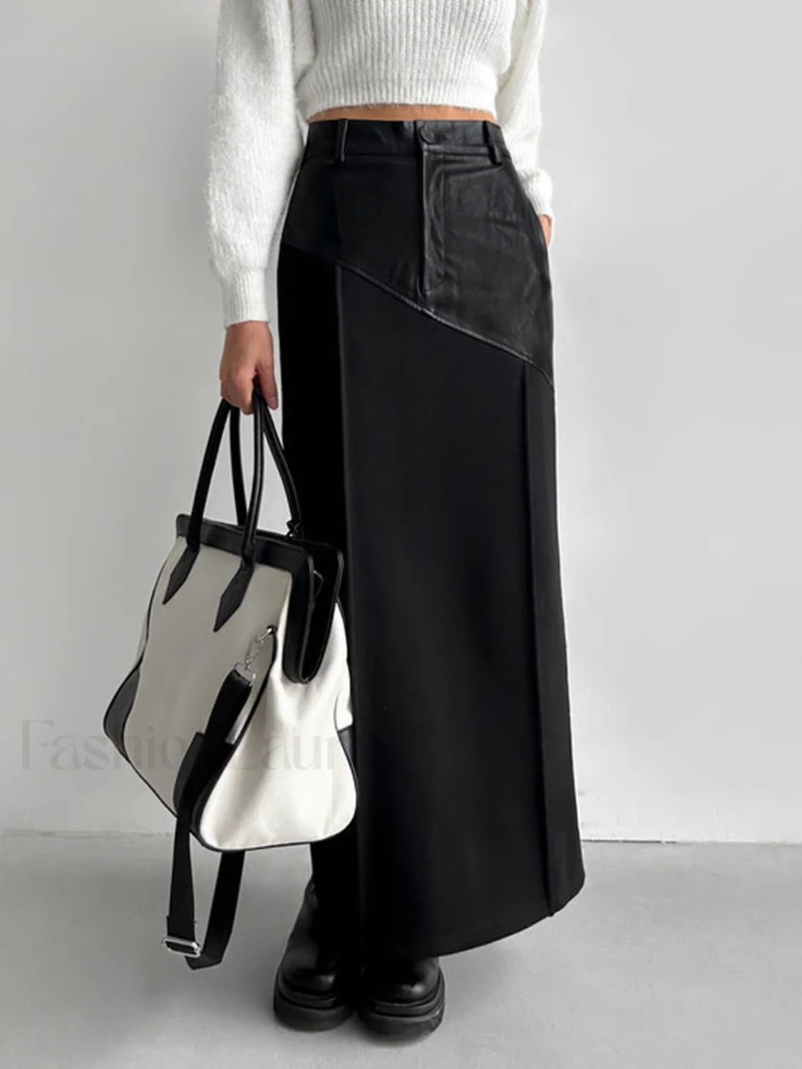 Patchwork Leather High Trendy Waist Maxi Skirt Black / XS Skirts Main image
