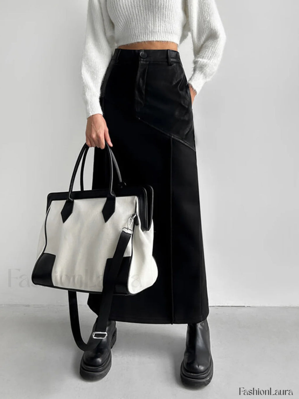 Patchwork Leather High Trendy Waist Maxi Skirt Skirts