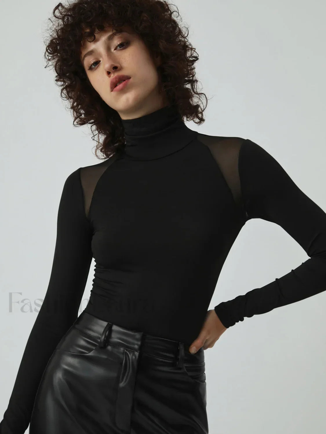 Patchwork Mesh Turtleneck Long Sleeve Bodysuit Black / XS Bodysuits Main image