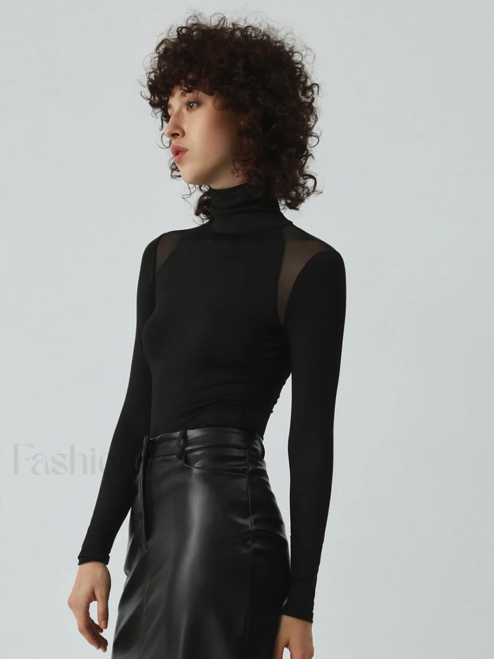 Patchwork Mesh Turtleneck Long Sleeve Bodysuit Bodysuits