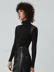 Patchwork Mesh Turtleneck Long Sleeve Bodysuit Bodysuits