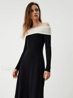 Patchwork Off Shoulder Long Modern Sleeve Long Sweater Dress Sweaters L