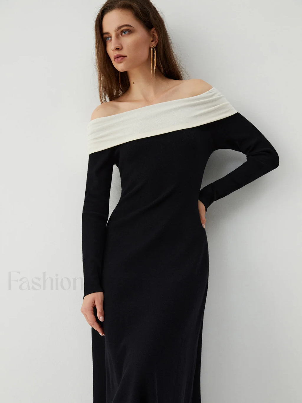 Patchwork Off Shoulder Long Modern Sleeve Long Sweater Dress Sweaters L