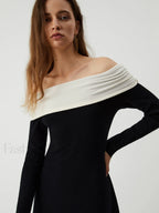 Patchwork Off Shoulder Long Modern Sleeve Long Sweater Dress Sweaters L