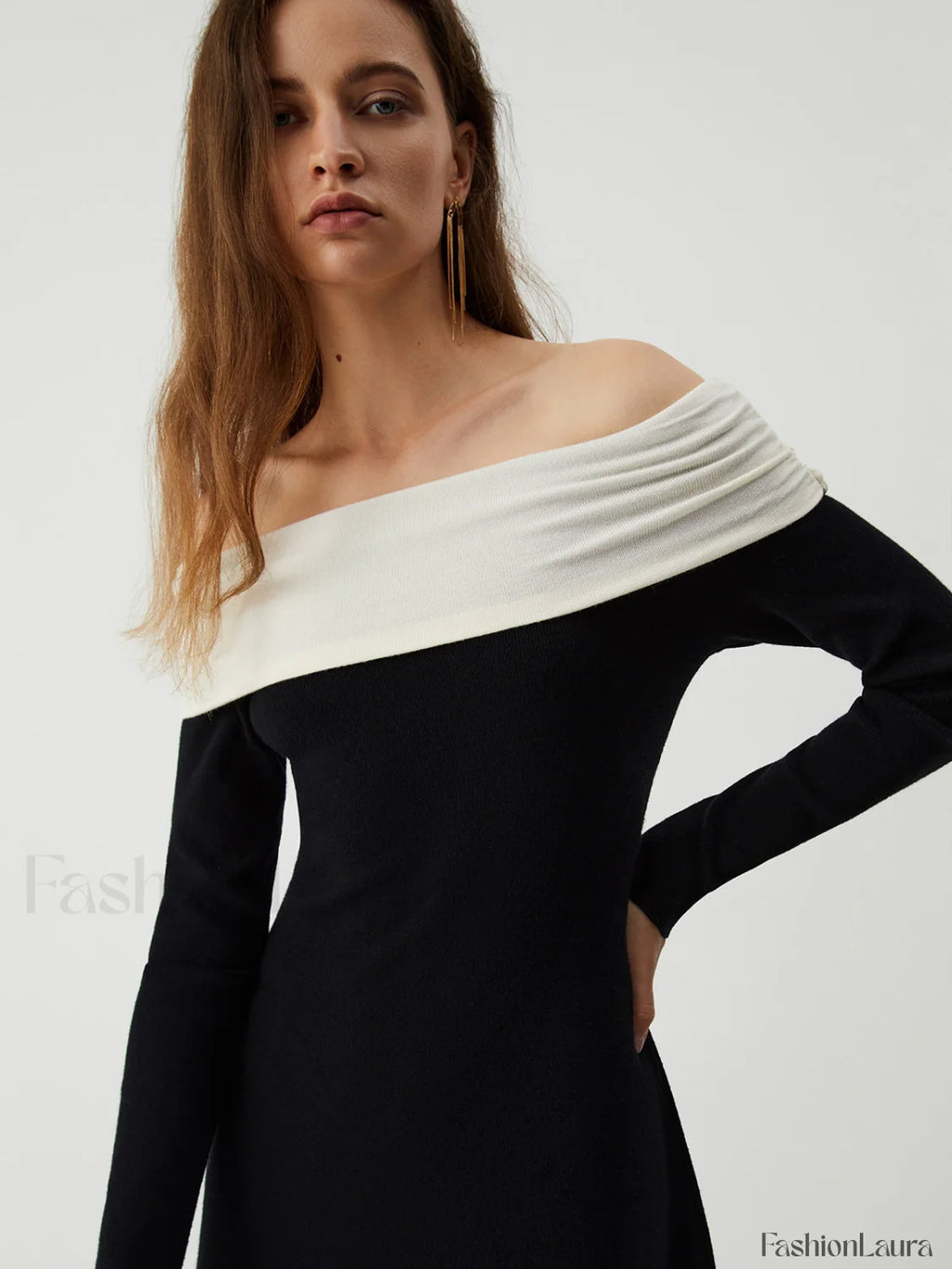 Patchwork Off Shoulder Long Modern Sleeve Long Sweater Dress Sweaters L