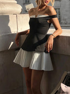 Patchwork Off Shoulder Pleated Mini Dress Dresses