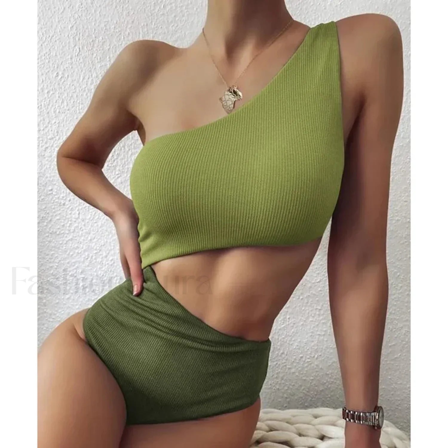 Patchwork One Shoulder Hollow One Piece Main image