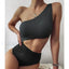 Patchwork One Shoulder Hollow One Piece Black Swimsuit / S