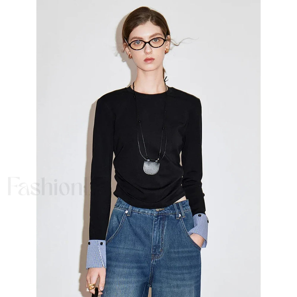 Patchwork Plaid Slim Fit Pullover T Shirt Black / S