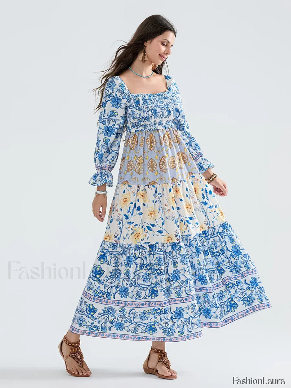 Patchwork Puff Sleeve Boho Dress