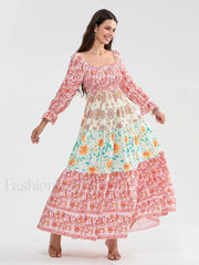 Patchwork Puff Sleeve Boho Dress