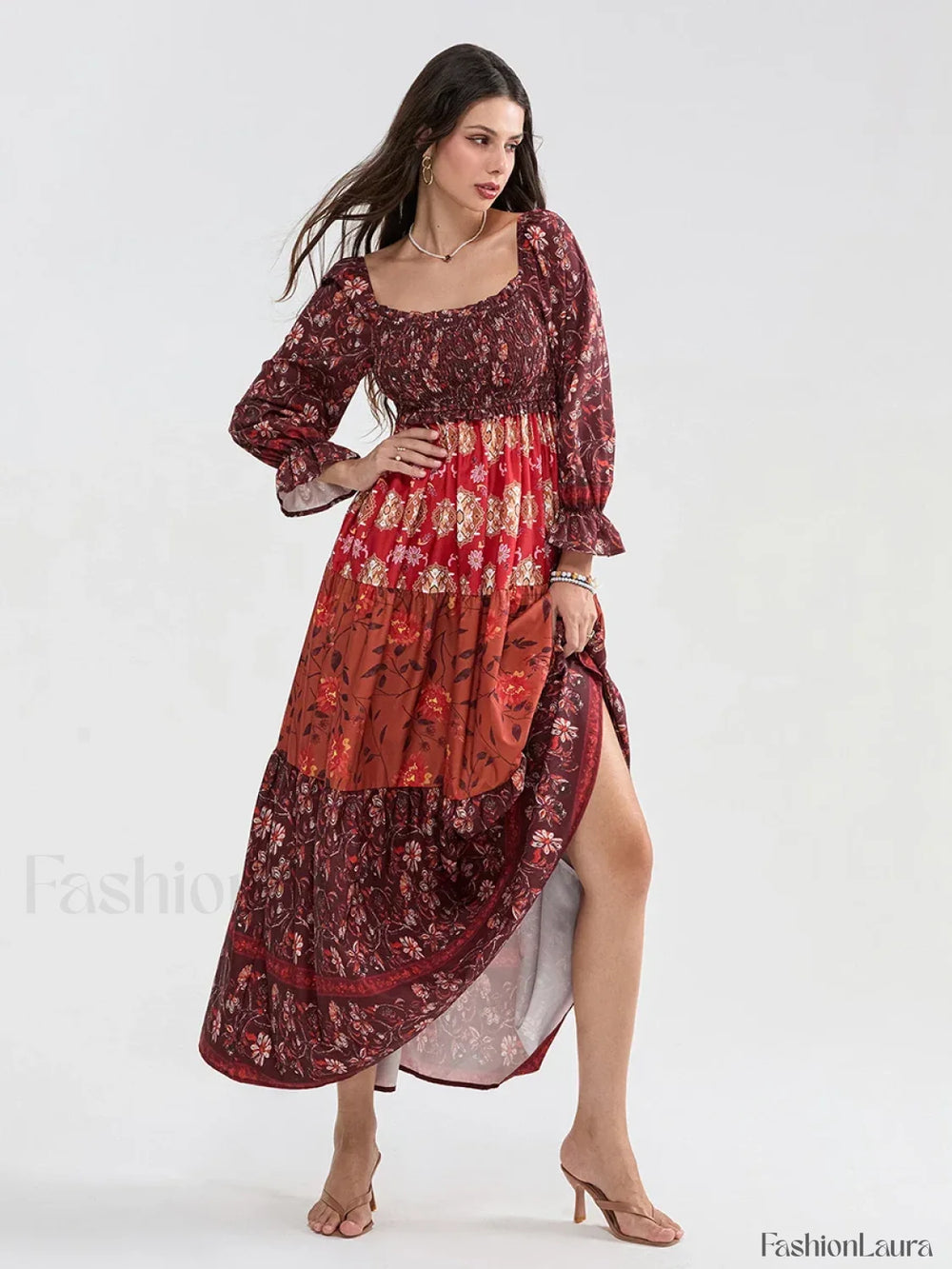 Patchwork Puff Sleeve Boho Dress