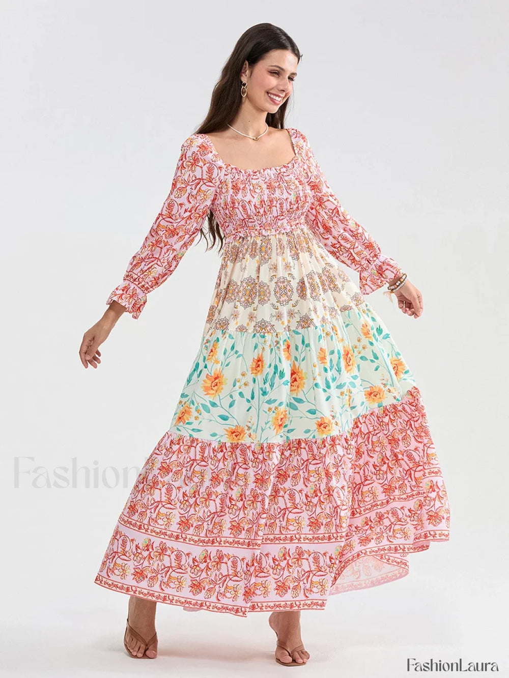 Patchwork Puff Sleeve Boho Dress