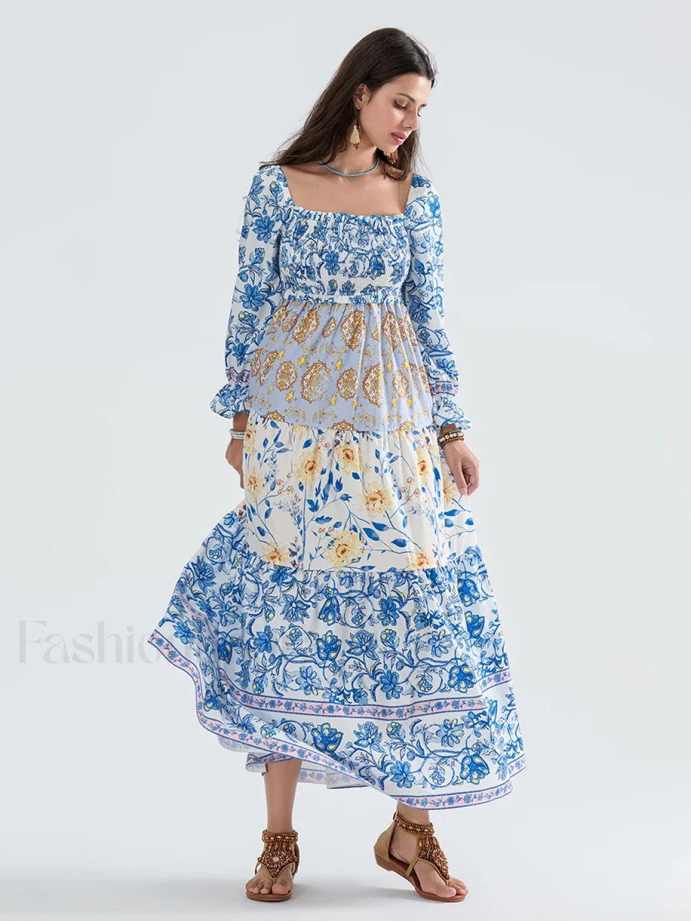 Patchwork Puff Sleeve Boho Dress blue / S